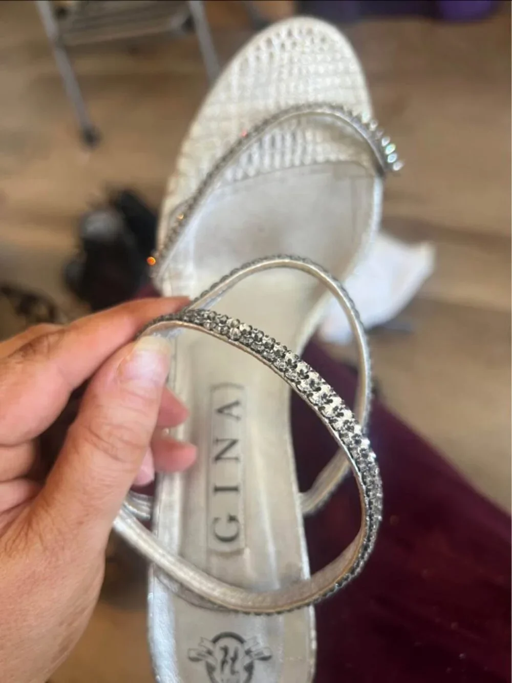 Gina London Metallic Snakeskin Strappy Crystal Heels